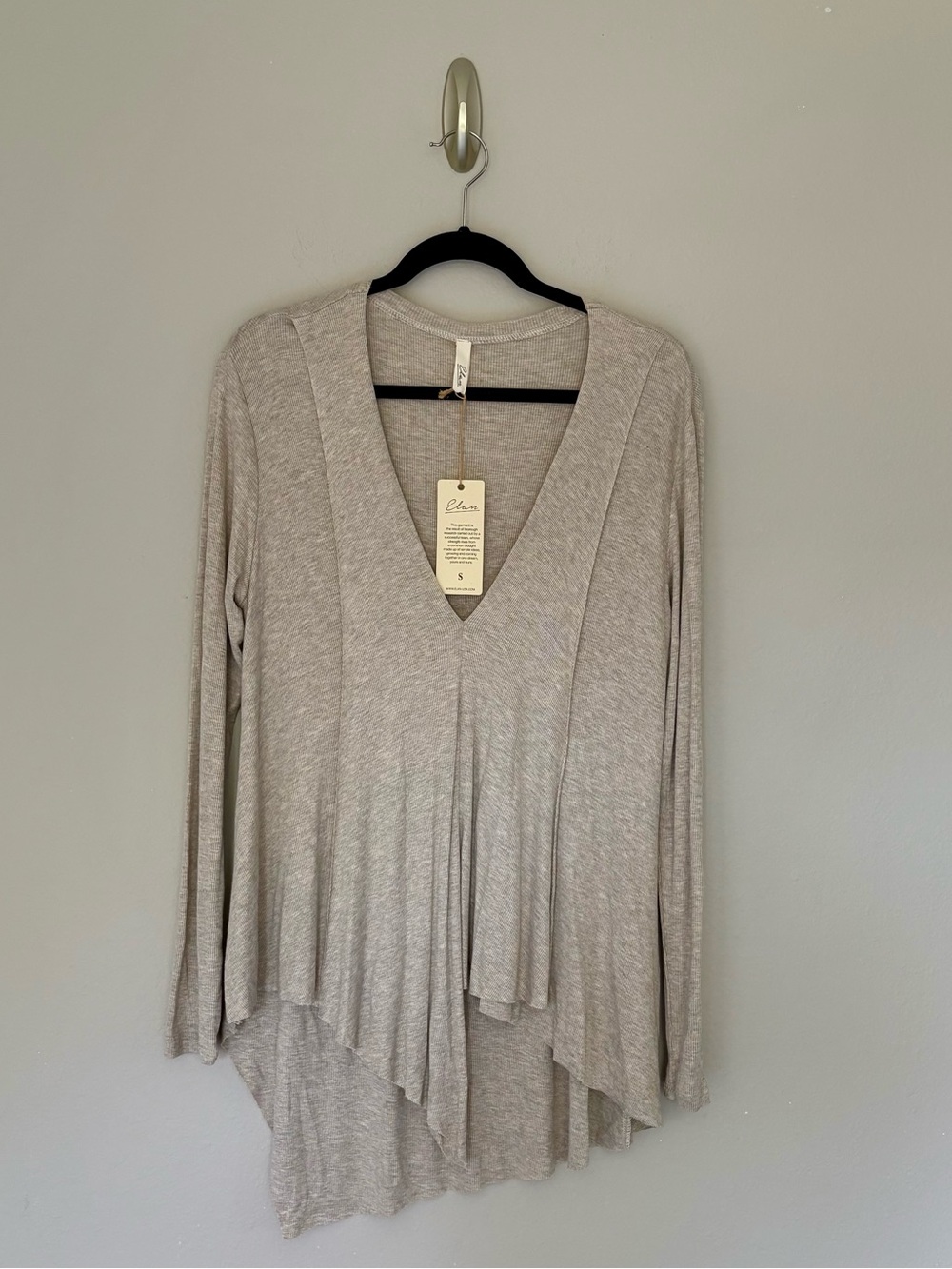 NWT Elan Ribbed Drape Front Handkerchief Hem Lagenlook Rib Tunic Top Oatmeal S